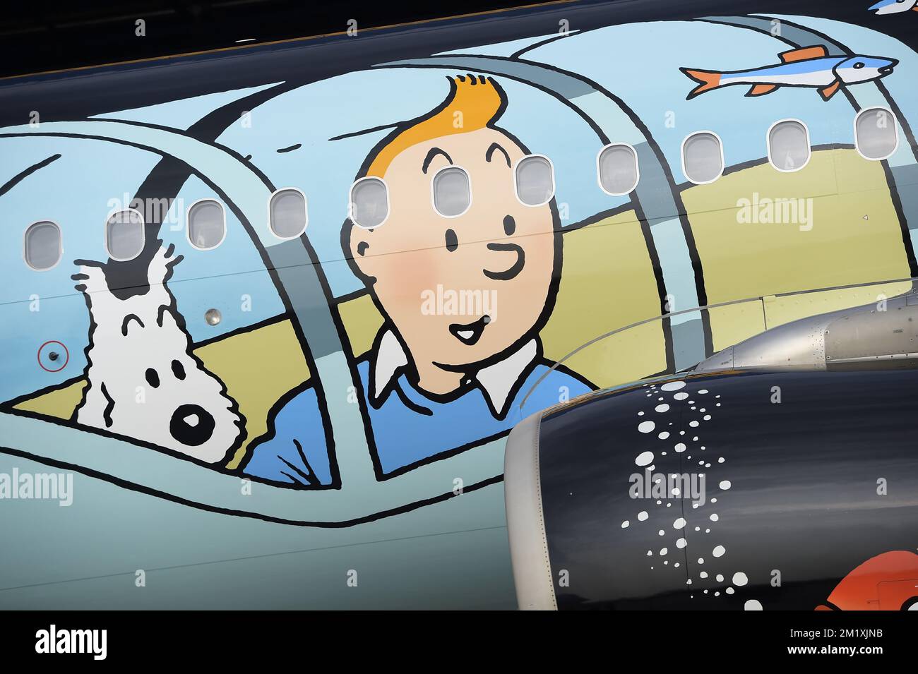 SOLO PER USO EDITORIALE:l'illustrazione mostra l'inaugurazione di un aereo a tema Tintin di Brussels Airlines, lunedì 16 marzo 2015 all'aeroporto di Bruxelles a Zaventem. Foto Stock