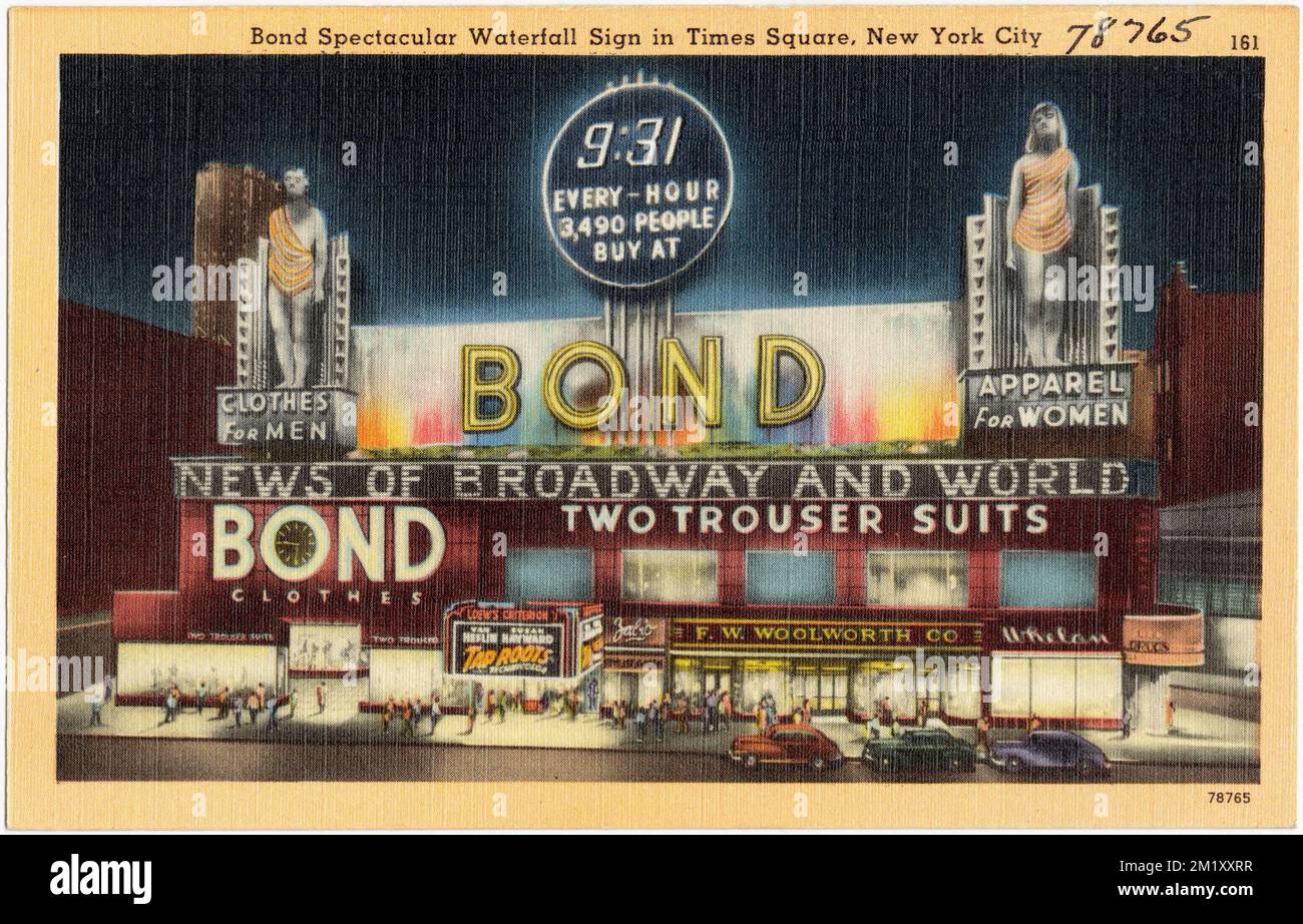 Bond spettacolare cascata segno a Times Square, New York City, strutture commerciali, Tichnor Brothers Collection, cartoline degli Stati Uniti Foto Stock