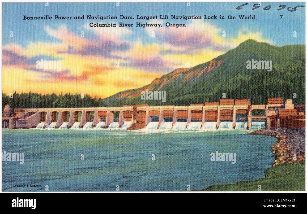 Bonneville Power and Navigation Dam, il più grande blocco di navigazione ascensore del mondo, Columbia River Highway, Oregon , dighe, Tichnor Brothers Collection, Cartoline degli Stati Uniti Foto Stock