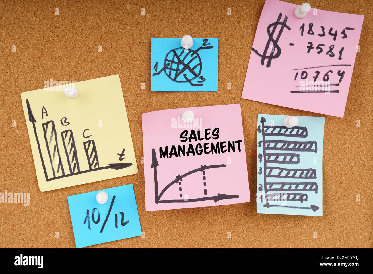 Concetto aziendale. Sulla bacheca sono presenti adesivi con grafici e diagrammi e l'iscrizione - Gestione vendite Foto Stock
