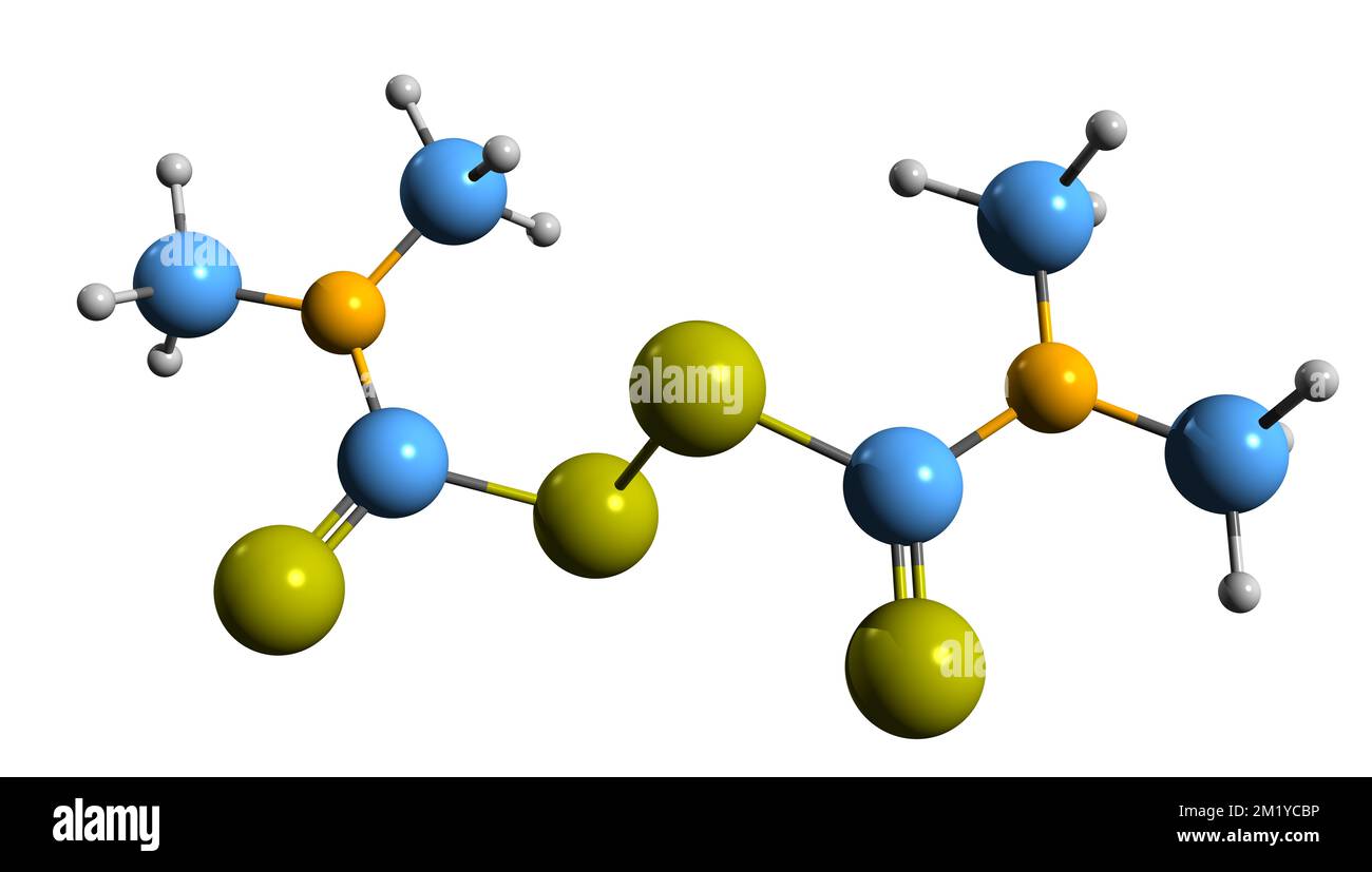 3D immagine della formula scheletrica del thiram - struttura chimica molecolare del disolfuro tiuram fungicida isolato su sfondo bianco Foto Stock