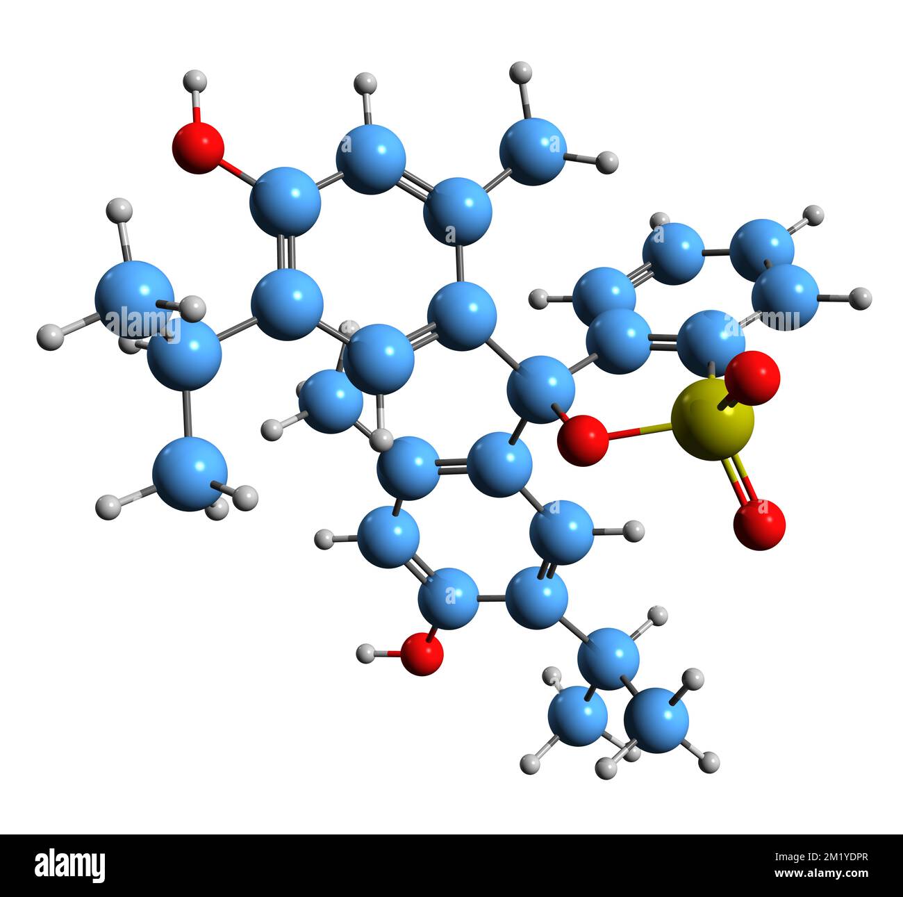 3D immagine della formula scheletrica blu di Thymol - struttura chimica molecolare della timolsulfoneftaleina isolata su sfondo bianco Foto Stock