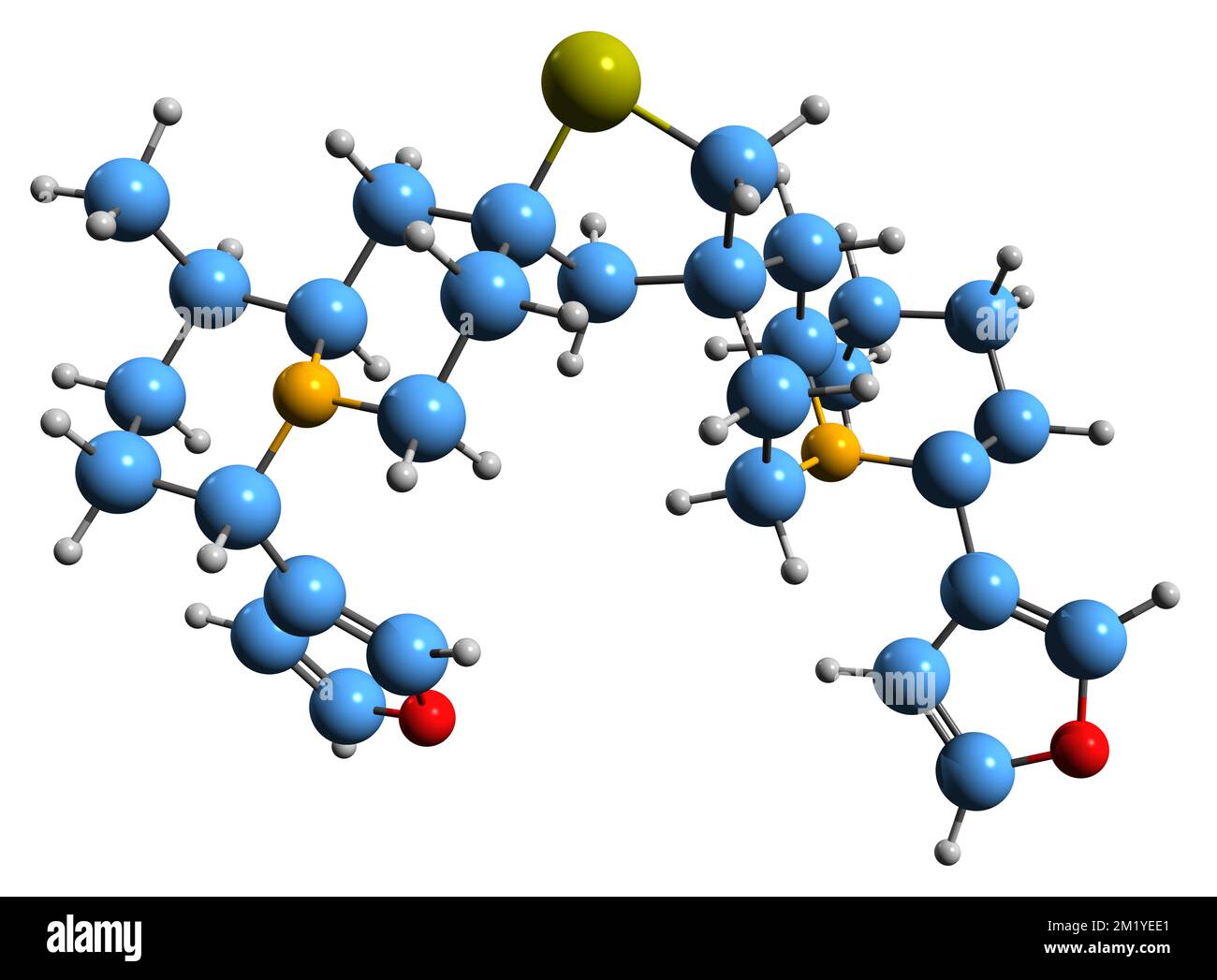 3D immagine della formula scheletrica della tionufarolina - struttura chimica molecolare dell'alcaloide isolato su sfondo bianco Foto Stock