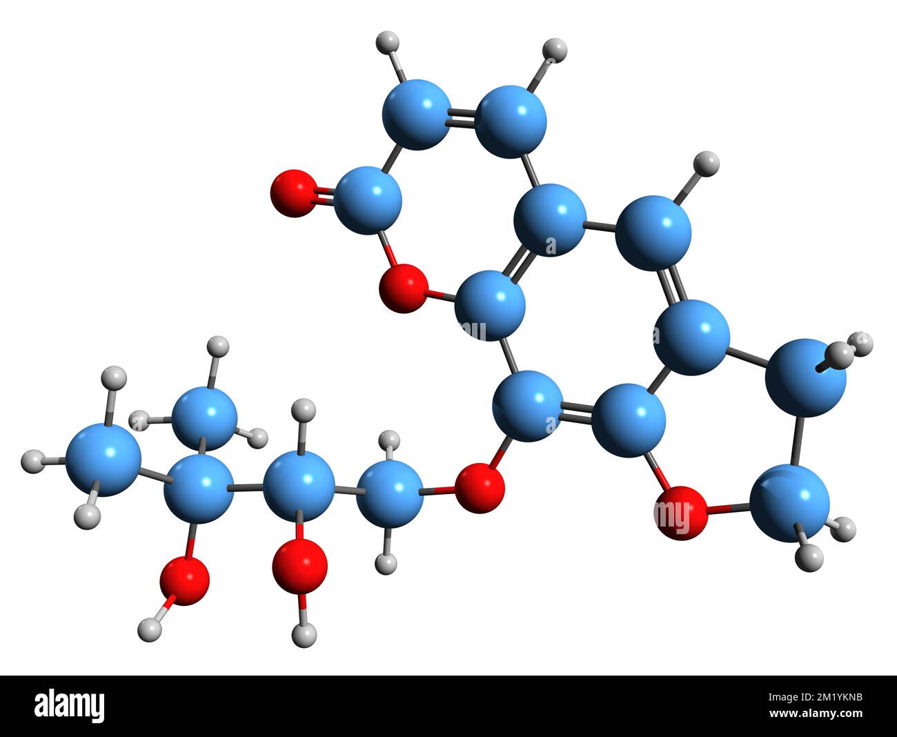 3D immagine della formula scheletrica della thomasina - struttura chimica molecolare della cumarina isolata su sfondo bianco Foto Stock