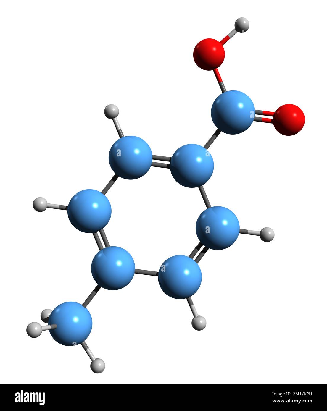 3D immagine della formula scheletrica dell'acido toluico - struttura chimica molecolare dell'acido 4-metilbenzoico isolato su sfondo bianco Foto Stock