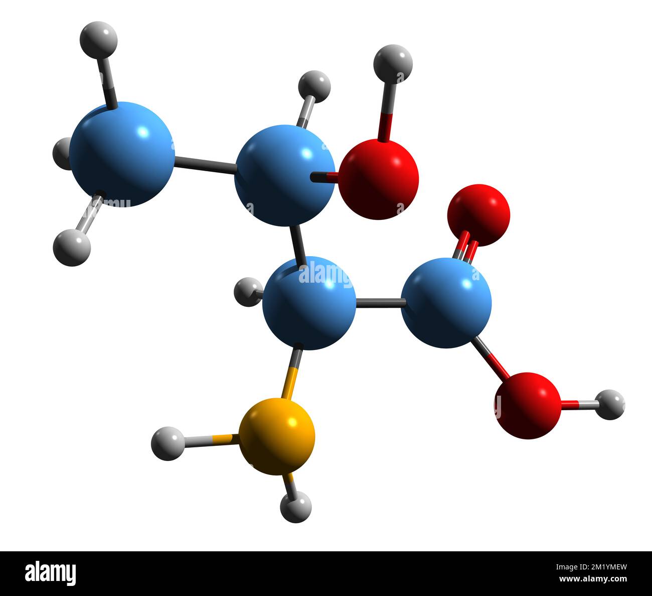 3D immagine della treonina formula scheletrica - struttura chimica molecolare dell'amminoacido 2-ammino-3-idrossibutanoico isolato su sfondo bianco Foto Stock