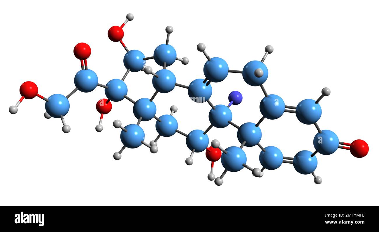 3D immagine di Triamcinolone formula scheletrica - struttura chimica molecolare del glucocorticoide isolato su sfondo bianco Foto Stock