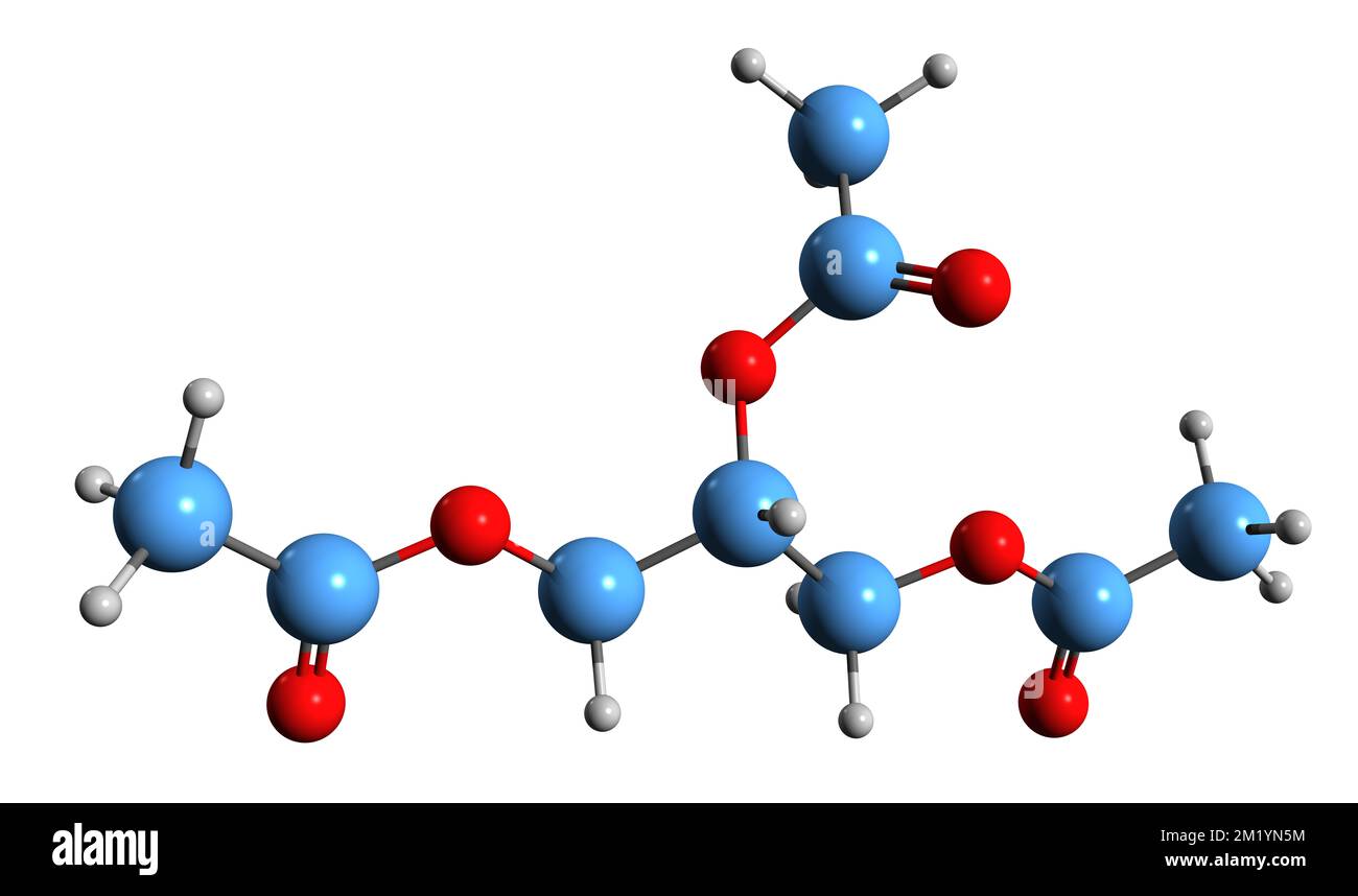 3D immagine della formula scheletrica della triacetina - struttura chimica molecolare del triacetato di glicerolo isolato su sfondo bianco Foto Stock