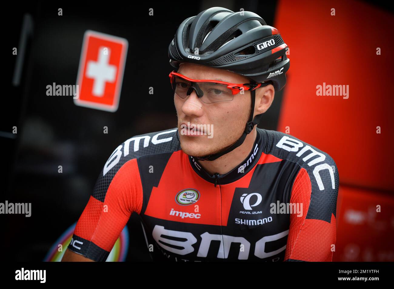 Il tedesco Rick Zabel del BMC Racing Team ha mostrato all'inizio della 6th tappa della gara ciclistica Eneco Tour, a 208,6 km da Heerlen, Olanda a Houffalize, Belgio, sabato 15 agosto 2015. Foto Stock