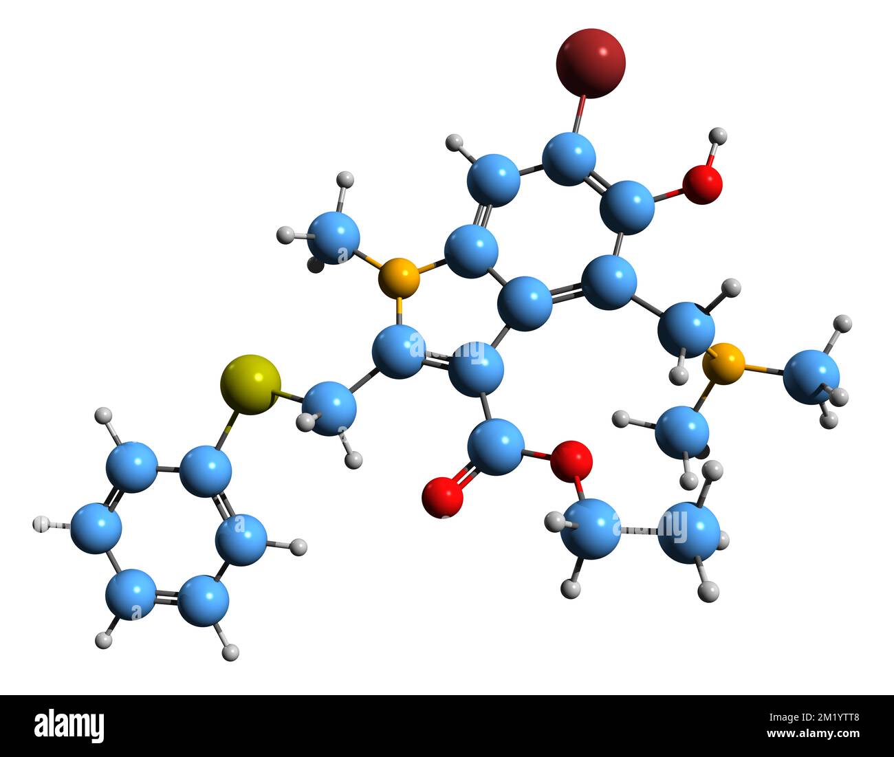 3D immagine della formula scheletrica di Umifenovir - struttura chimica molecolare del farmaco antivirale isolato su sfondo bianco Foto Stock