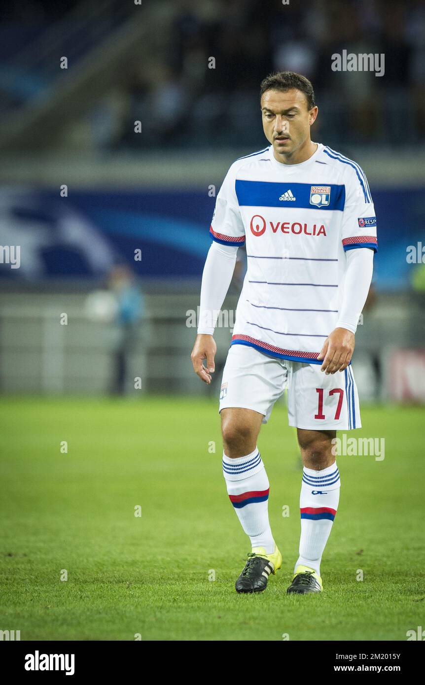 20150916 - GENT, BELGIO: Il lionese Steed Malbranque, nella foto dopo la prima partita nella fase di gruppo della UEFA Champions League, nel gruppo H, tra la prima squadra di calcio belga KAA Gent e Olympique Lyon, a Gent, mercoledì 16 settembre 2015. FOTO DI BELGA JASPER JACOBS Foto Stock