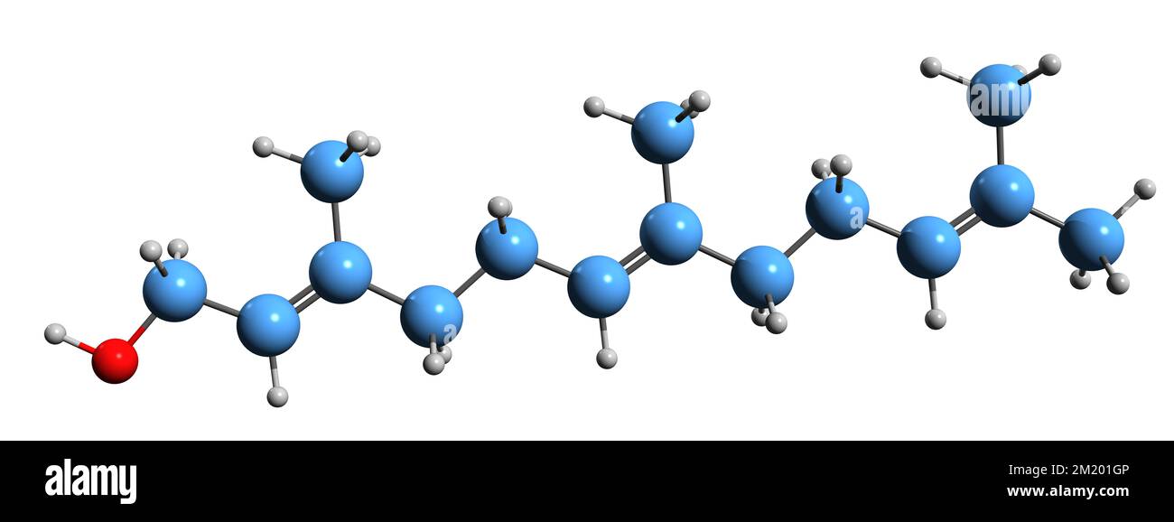 3D immagine della formula scheletrica di Farnesol - struttura chimica molecolare del sesquiterpene isolato su sfondo bianco Foto Stock 3D immagine della formula scheletrica di Farnesol - struttura chimica molecolare del sesquiterpene isolato su sfondo bianco Foto Stock