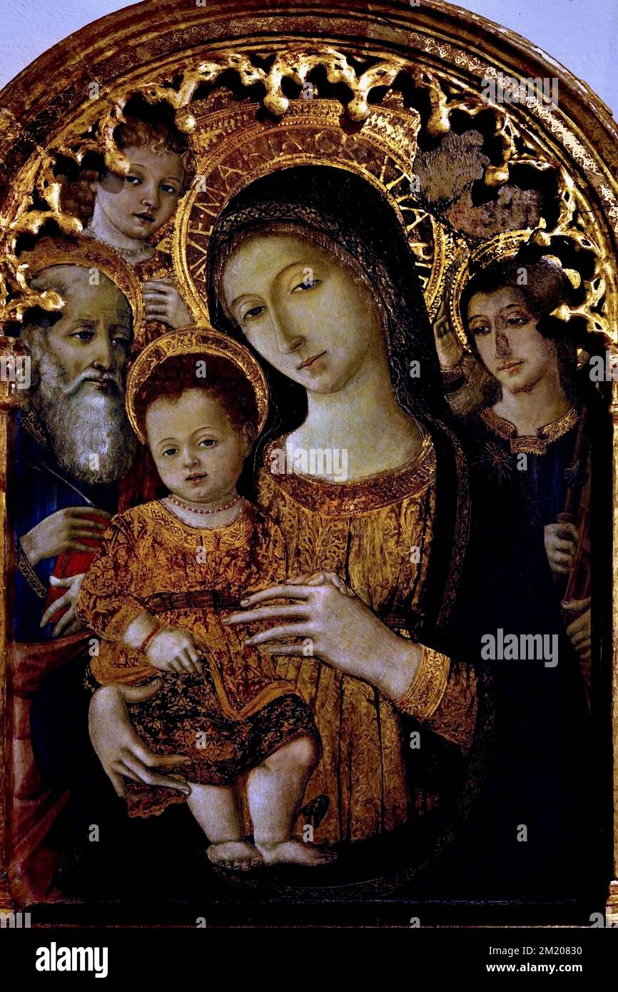 La Madonna col Bambino fra i santi Giovanni Evangelista, jacopo e due Angeli, - la Madonna col Bambino con i Santi Giovanni Evangelista, Giacobbe e due Angeli, Arte cristiana, Italia, Italiano. Foto Stock