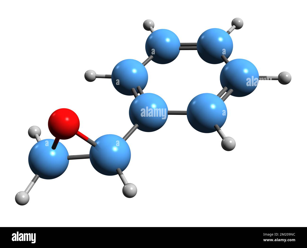 3D immagine di ossido di stirene formula scheletrica - struttura chimica molecolare di ossido di feniletilene isolato su sfondo bianco Foto Stock