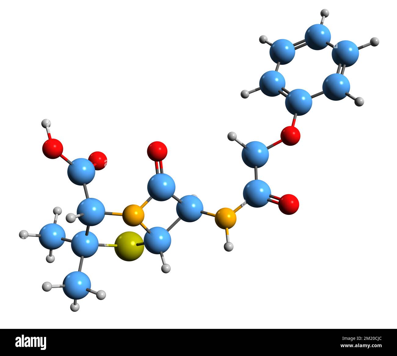 3D immagine della fenossimetilpenicillina formula scheletrica - struttura chimica molecolare della penicillina V isolata su sfondo bianco Foto Stock