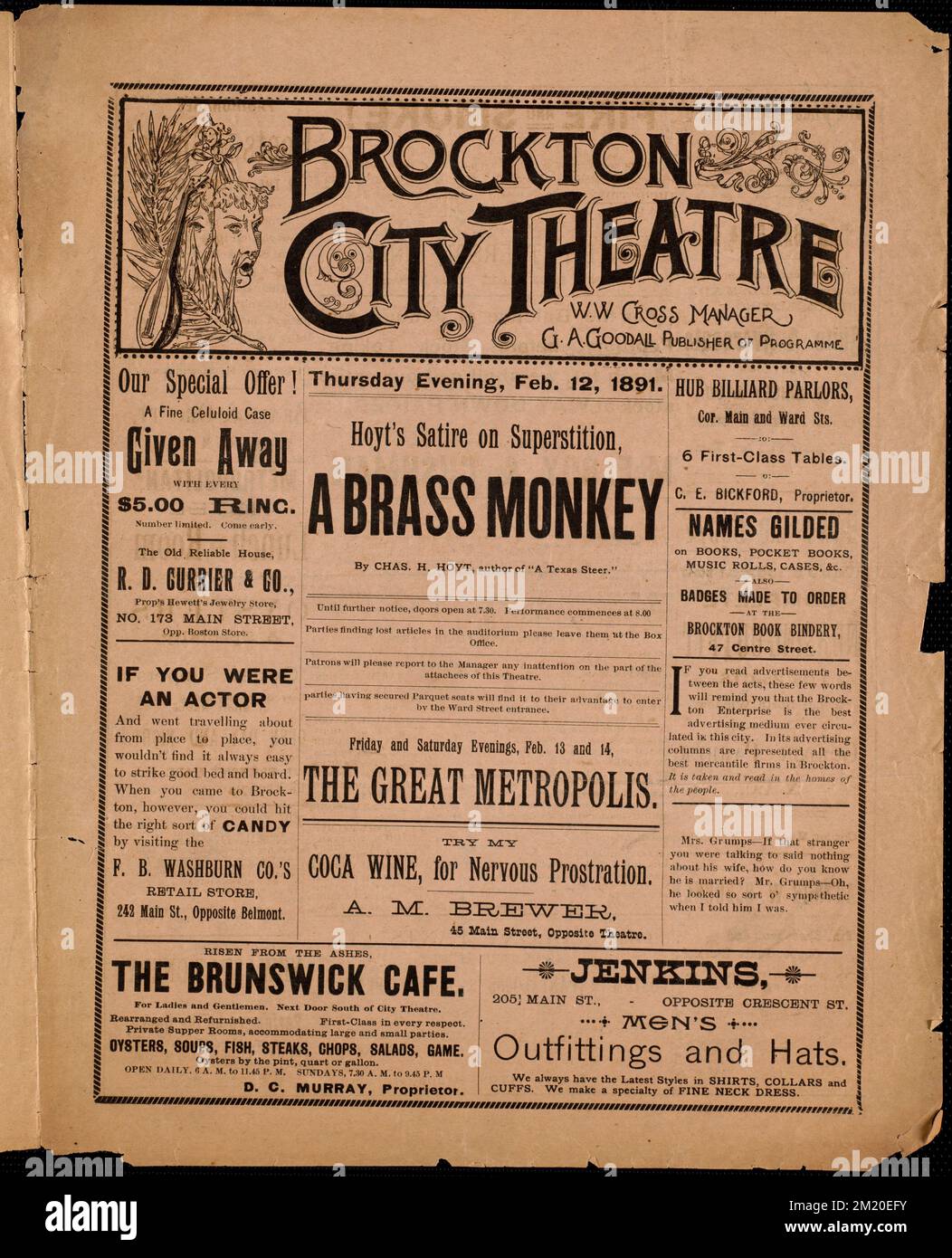 Una scimmia di ottone, intrattenimento, Brockton Public Library Archival Collection Foto Stock