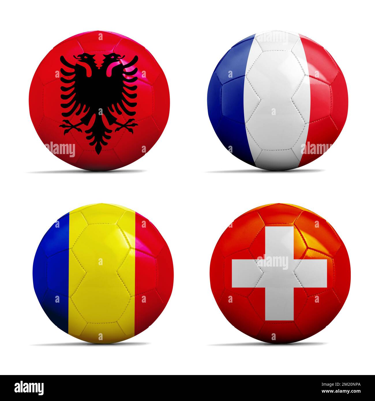 Quattro palloni da calcio con il gruppo una squadra bandiere, calcio Euro Cup 2016. Foto Stock