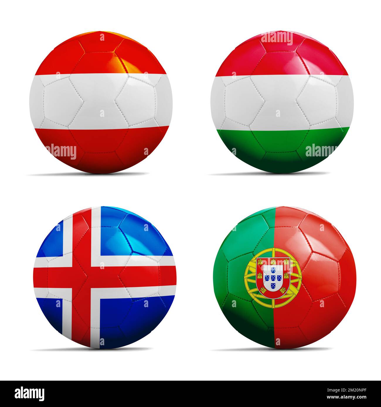 Quattro palloni da calcio con il gruppo F squadra bandiere, calcio Euro Cup 2016. Foto Stock