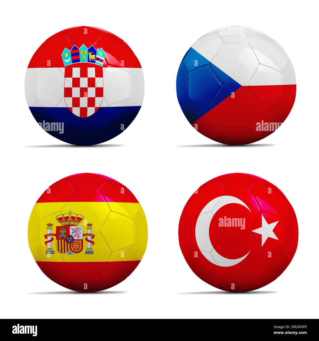 Quattro palloni da calcio con il gruppo D del team bandiere, calcio Euro Cup 2016. Foto Stock