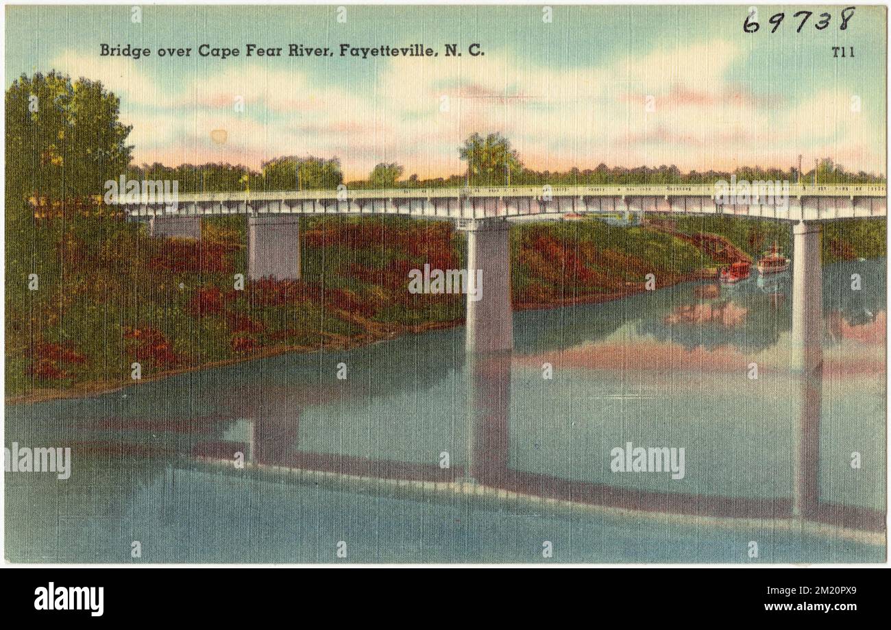 Ponte sul fiume Cape Fear, Fayetteville, N. C., ponti, fiumi, Tichnor Brothers Collection, cartoline degli Stati Uniti Foto Stock