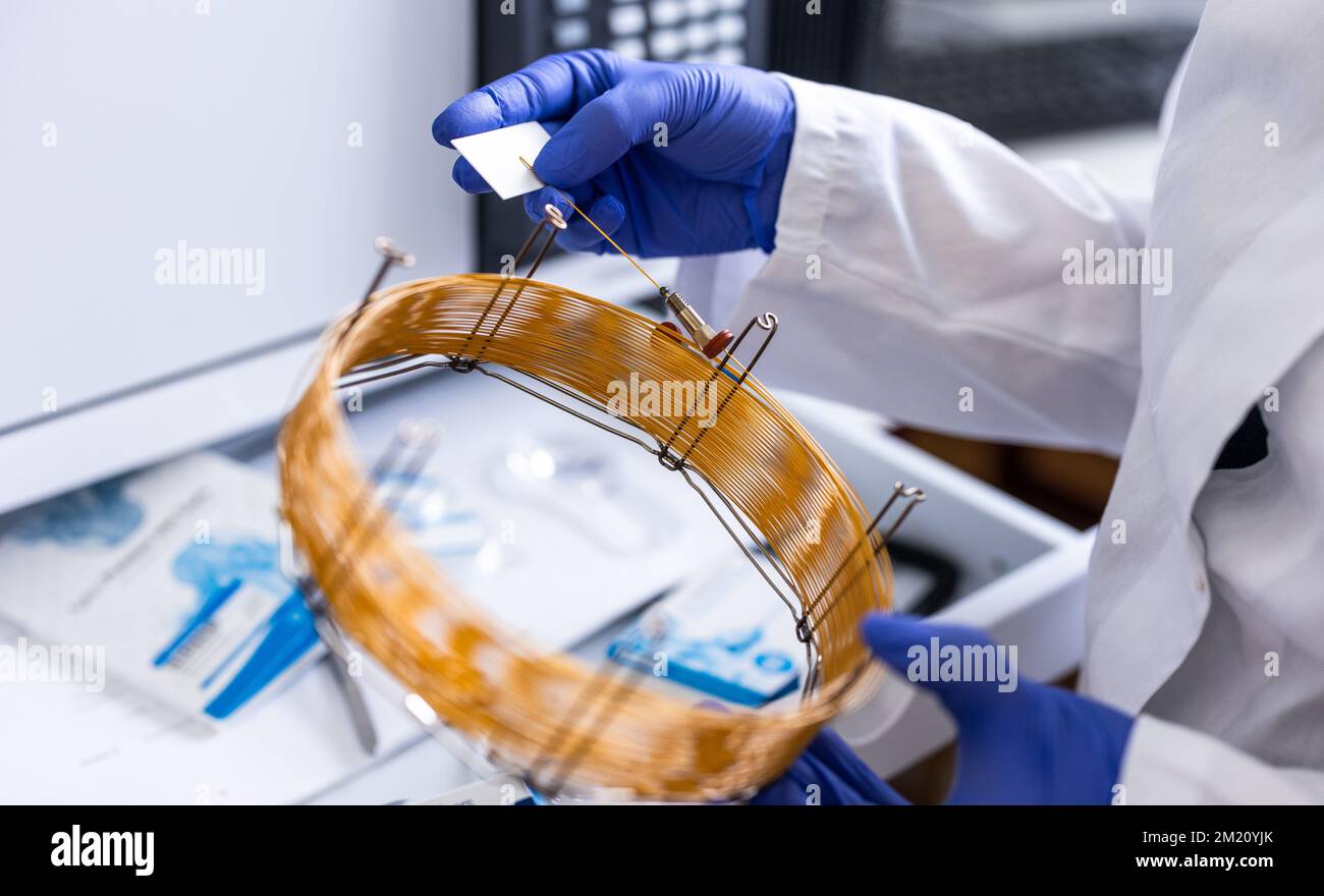 Ricercatore che effettua ricerche scientifiche in laboratorio (DOF poco profondo; immagine con tonalità di colore) Foto Stock