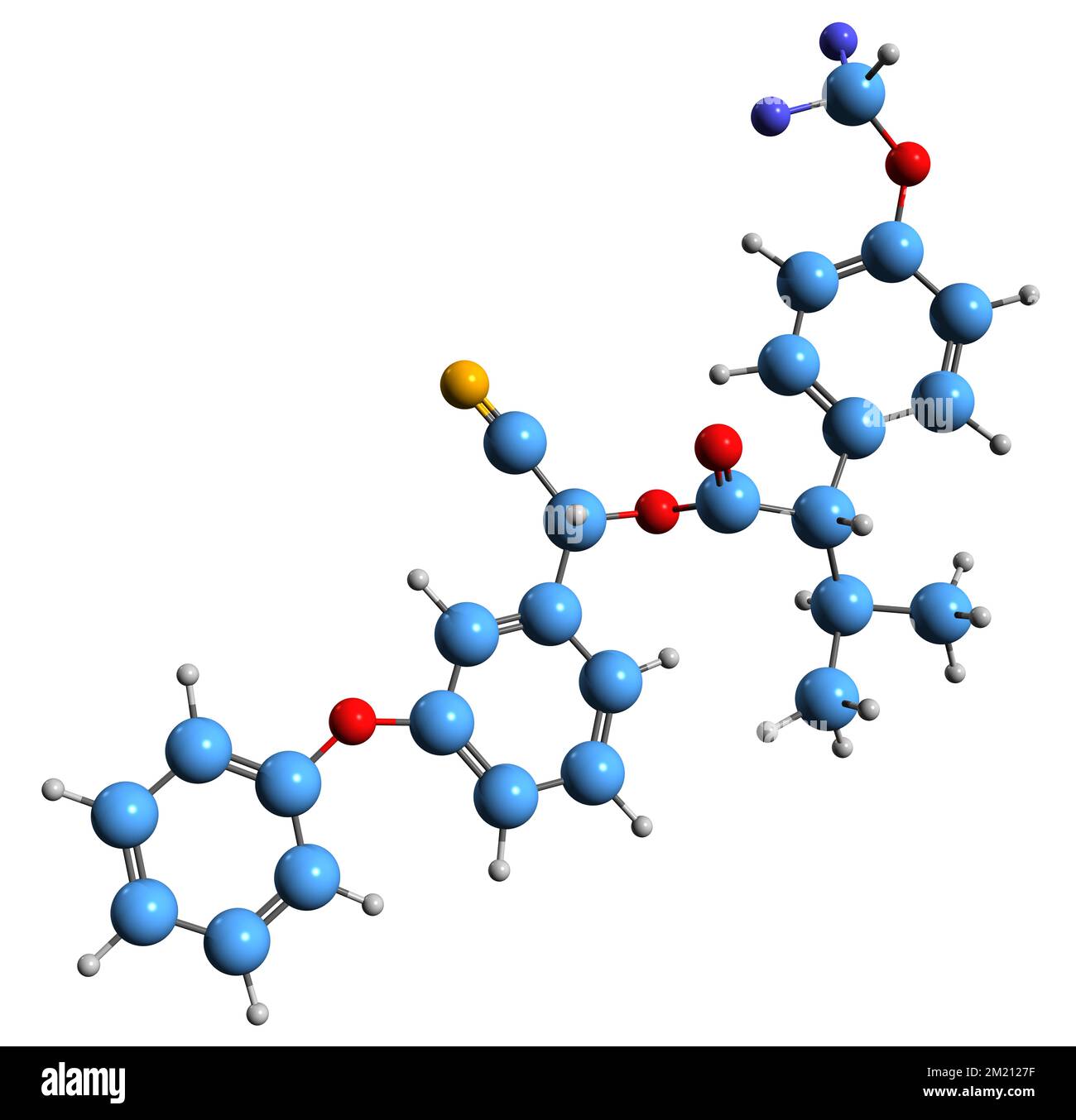 3D immagine di Flucitrinato formula scheletrica - struttura chimica molecolare di insetticida piretroide e acaricida isolato su sfondo bianco Foto Stock