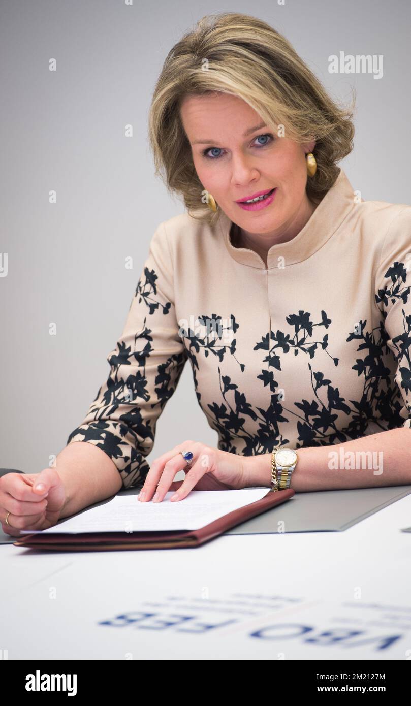 La regina Mathilde del Belgio ha illustrato in una riunione di lavoro presieduta dalla regina sul processo di apprendimento alle start-up, al VBO-FEB (Federazione delle imprese in Belgio) a Bruxelles, lunedì 07 marzo 2016. BELGA FOTO BENOIT DOPPAGNE Foto Stock