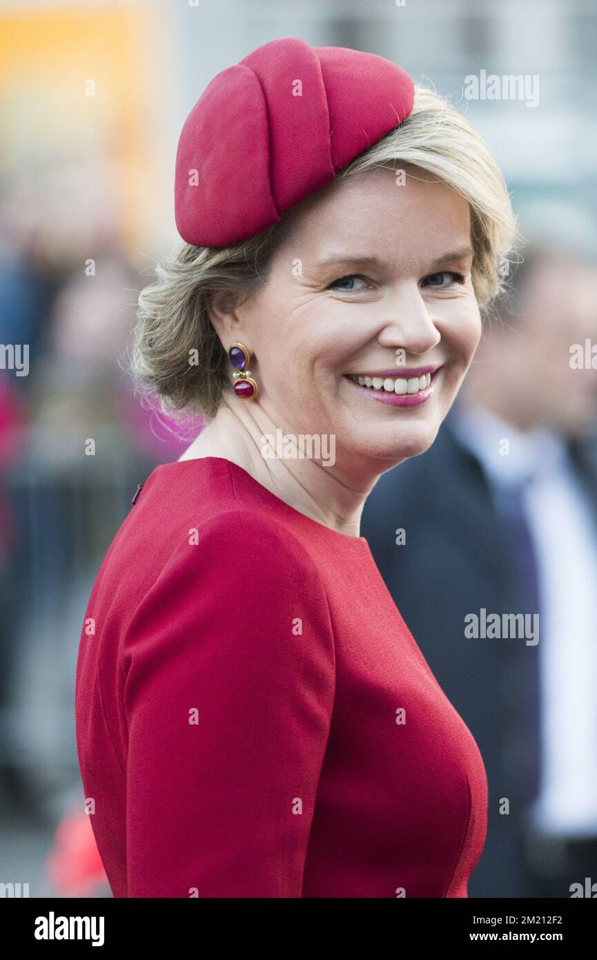 La regina Mathilde del Belgio ha fatto la foto durante una visita a Eupen, parte di una visita di Stato del presidente tedesco Gauck, giovedì 10 marzo 2016. FOTO DI BELGA NICOLAS LAMBERT Foto Stock