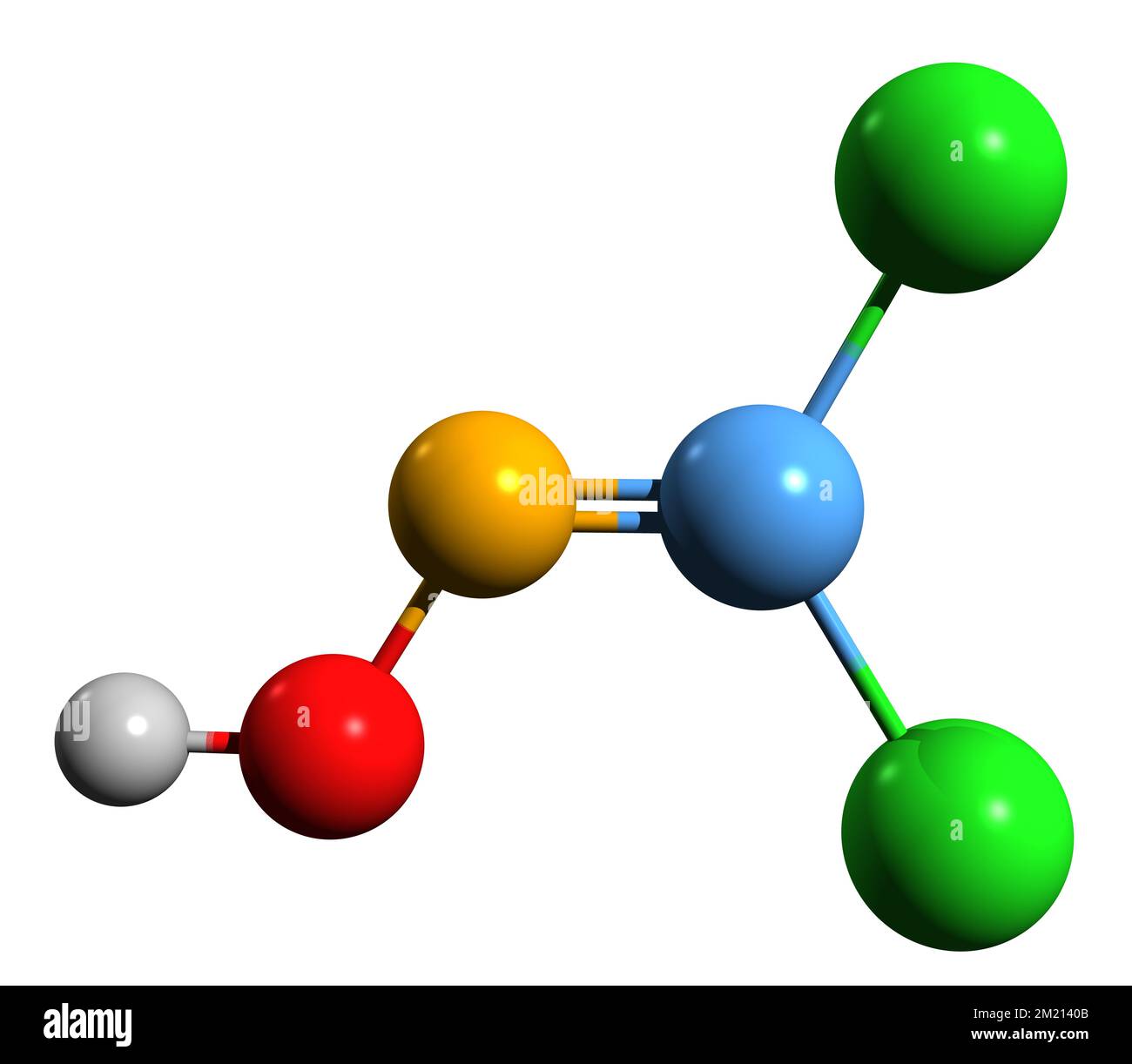 3D immagine della formula scheletrica fosgene oxima - struttura chimica molecolare del dicloroformaldoxima isolato su sfondo bianco Foto Stock