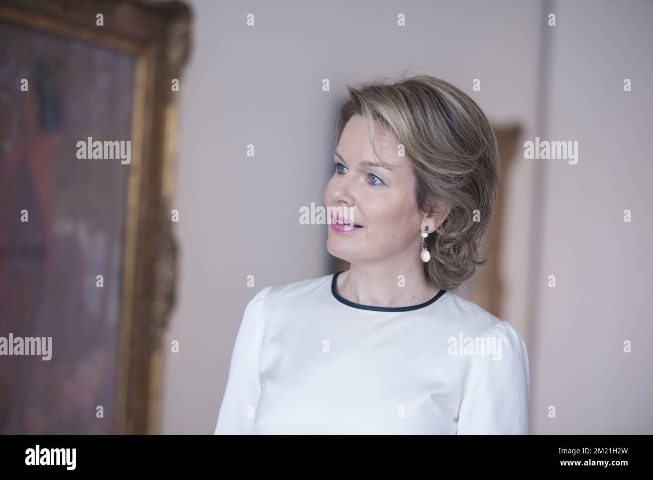 La regina Mathilde del Belgio ha raffigurato nel corso di una visita alla mostra 'en plein air' al Museo la Boverie, giovedì 26 maggio 2016, a Liegi. Foto Stock