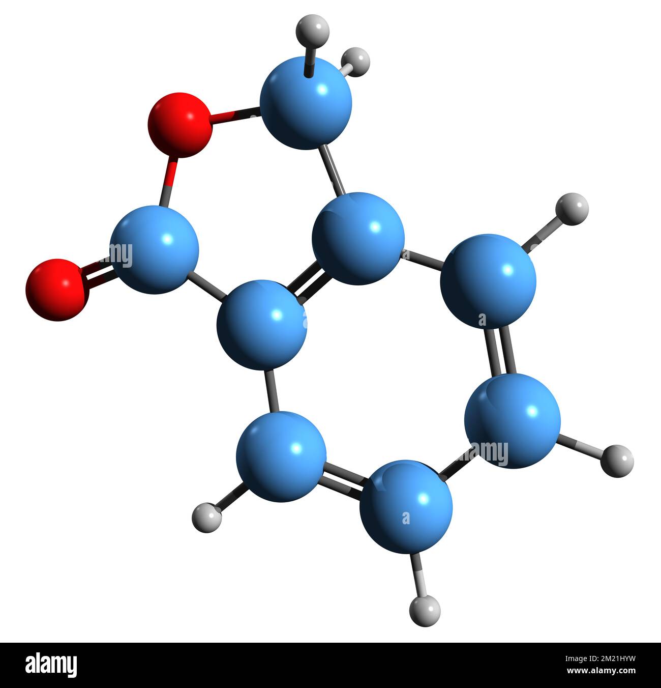 3D immagine della ftalide formula scheletrica - struttura chimica molecolare del gamma-lattone Phtalanone isolato su sfondo bianco Foto Stock