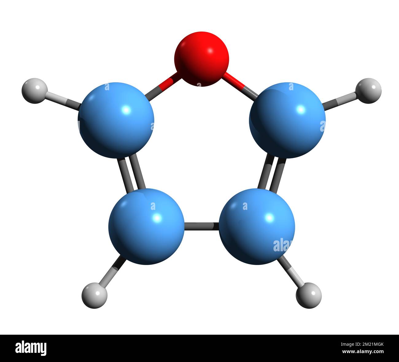 3D immagine della formula scheletrica del furano - struttura chimica molecolare di Oxolo isolato su sfondo bianco Foto Stock