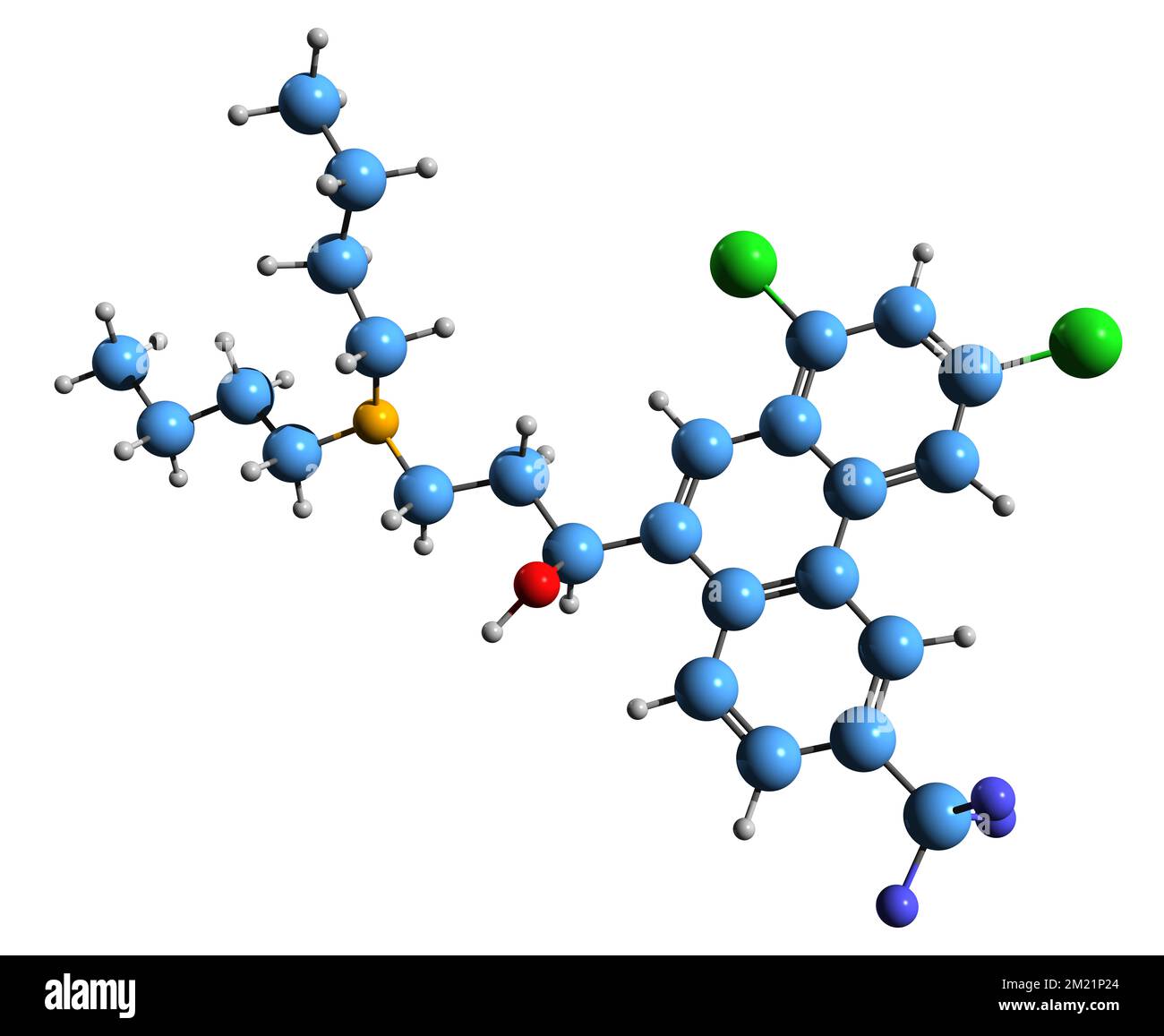 3D immagine di Halofantrina formula scheletrica - struttura chimica molecolare del farmaco antimalarico isolato su sfondo bianco Foto Stock