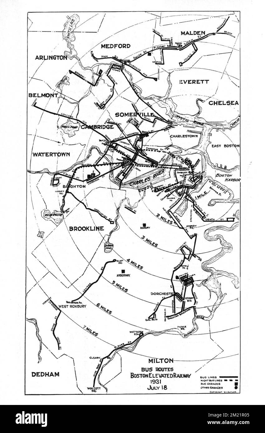 Linee di autobus Boston Elevated Railway 1931 luglio 18 , Bus Rapid Transit, Massachusetts, Boston, Mappe, Boston Mass., Mappe, Boston Elevated Railway Company Norman B. Leventhal Map Center Collection Foto Stock