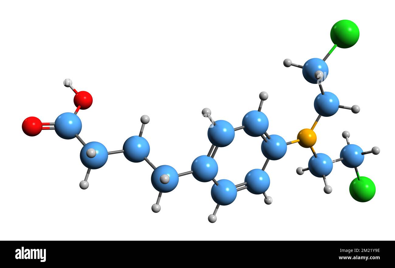 3D immagine di Chlorambucil formula scheletrica - struttura chimica molecolare del farmaco chemioterapico isolato su sfondo bianco Foto Stock