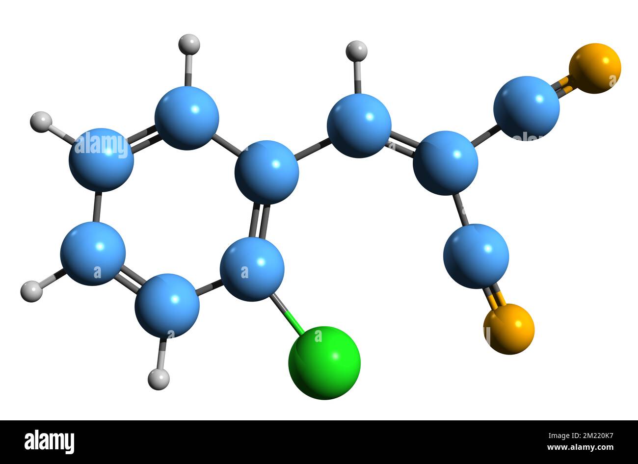 3D immagine della formula scheletrica del gas CS - struttura chimica molecolare del 2-clorobenzalmalononitrile isolato su sfondo bianco Foto Stock