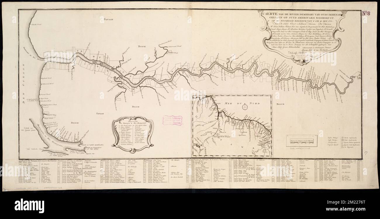 Caerte van de Rivier Demerary van outs Immenary, geleger op Suyd Americaes Noordkust, op de Noorder Breedte van 6 Gr. 40 , Demerara fiume Guyana, carte geografiche, prime opere del 1800 Norman B. Leventhal Map Center Collection Foto Stock