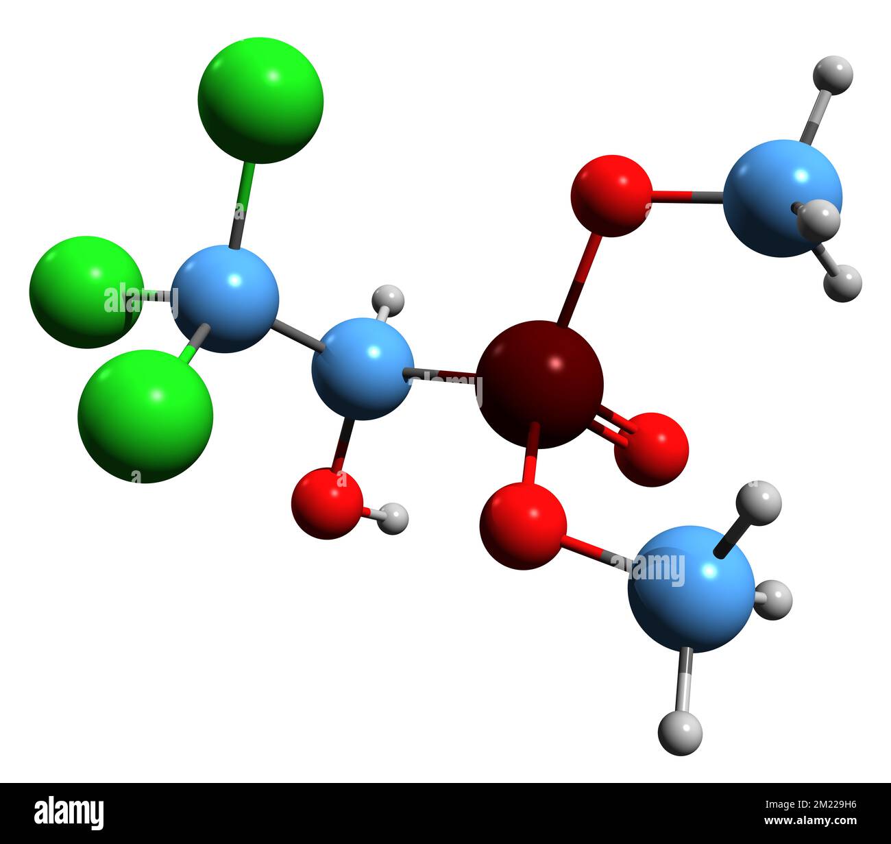3D immagine di formula scheletrica metrifonata - struttura chimica molecolare del triclorfone isolato su sfondo bianco Foto Stock