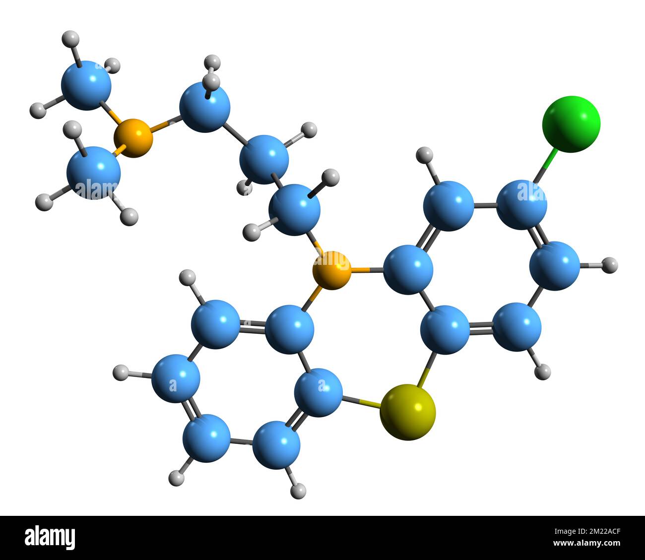 3D immagine di Chlorpromazina formula scheletrica - struttura chimica molecolare del farmaco antipsicotico isolato su sfondo bianco Foto Stock