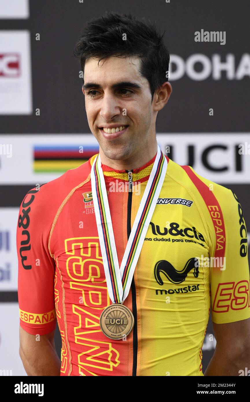 Lo spagnolo Jonathan Castroviejo del Movistar Team ha mostrato sul podio dopo il singolo crono maschile al World Road World Cycling Championships 2016 di Doha, Qatar, mercoledì 12 ottobre 2016. FOTO DI BELGA YORICK JANSENS Foto Stock