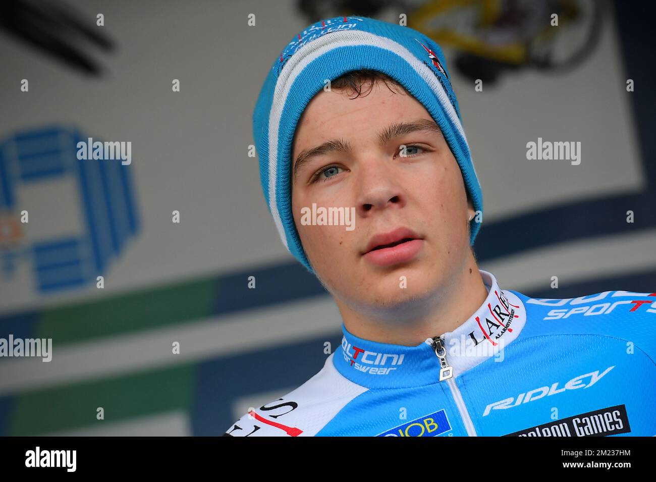 Il belga Florian Vermeersch festeggia sul podio dopo la seconda edizione della gara ciclistica 'Niels Albert Cyclocross', a Boom, sabato 22 ottobre 2016. FOTO DI BELGA DAVID STOCKMAN Foto Stock