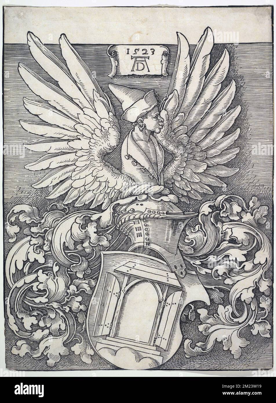 Legno tagliato da Albrecht Dürer del suo stemma, che presentava una porta come un pun sul suo nome, così come il busto alato di un Moro Foto Stock