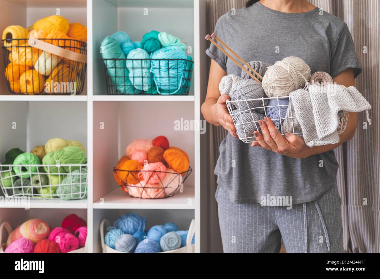 Organizzazione di stoccaggio filato hobby tessile forniture armadi contemporanei scaffali Foto Stock