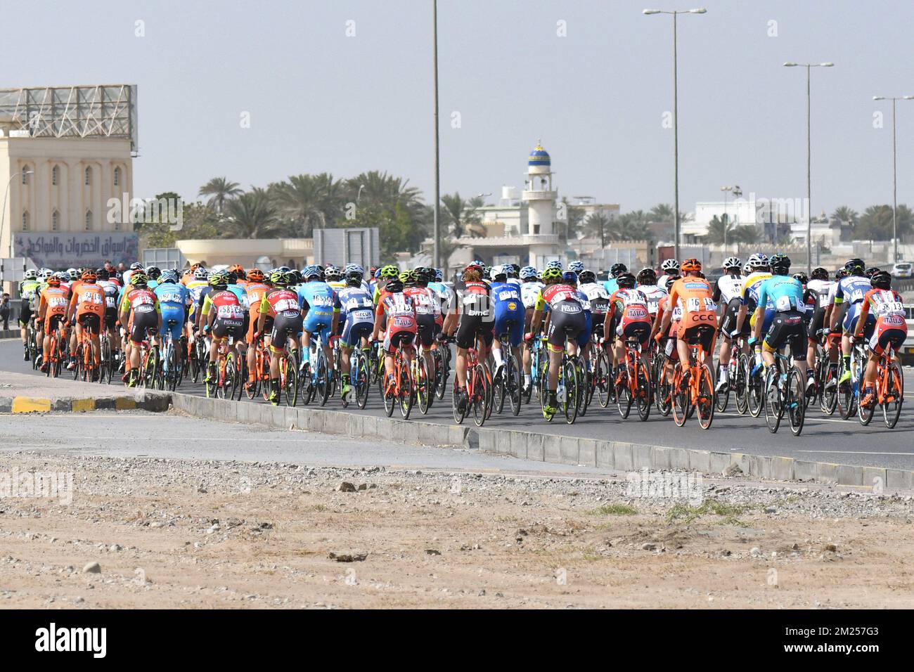 L'immagine mostra il pacco di piloti durante la prima tappa del Tour of Oman 2017 gara ciclistica, un percorso di 176,5 km da al Sawadi Beach a Naseem Park, Oman, martedì 14 febbraio 2017. Il Tour dell'Oman 2017 si svolge dal 14 al 19 febbraio. FOTO DI BELGA YUZURU SUNADA Foto Stock