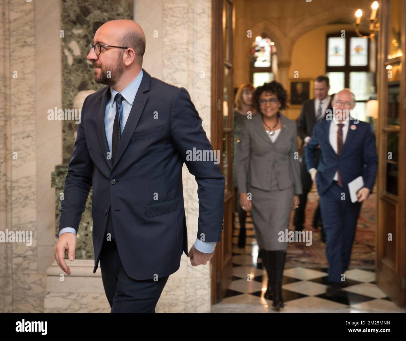 Il primo ministro belga Charles Michel, il segretario generale della Francofonia Michaelle Jean e la Federazione Vallonia - il presidente del ministro di Bruxelles Rudy Demotte ha illustrato in precedenza un incontro tra il primo ministro belga, la Federazione Vallonia Bruxelles Presidente del ministro e l'Organizzazione internazionale della Francofonia, mercoledì 08 marzo 2017. BELGA FOTO BENOIT DOPPAGNE Foto Stock