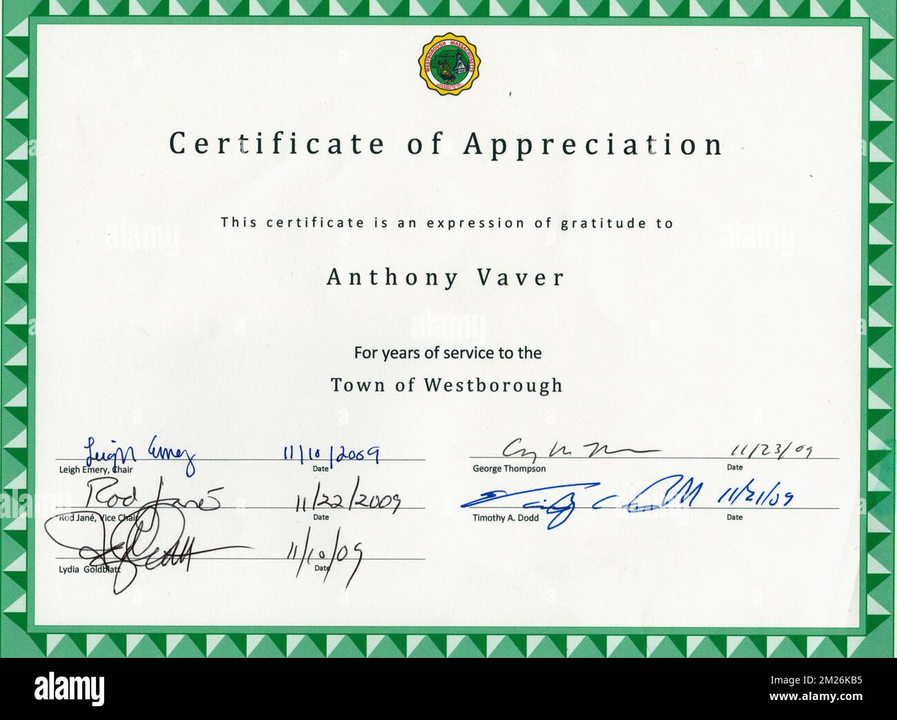 Certificato di apprezzamento per il servizio a Westborough , servizio pubblico. Westborough Foto Stock