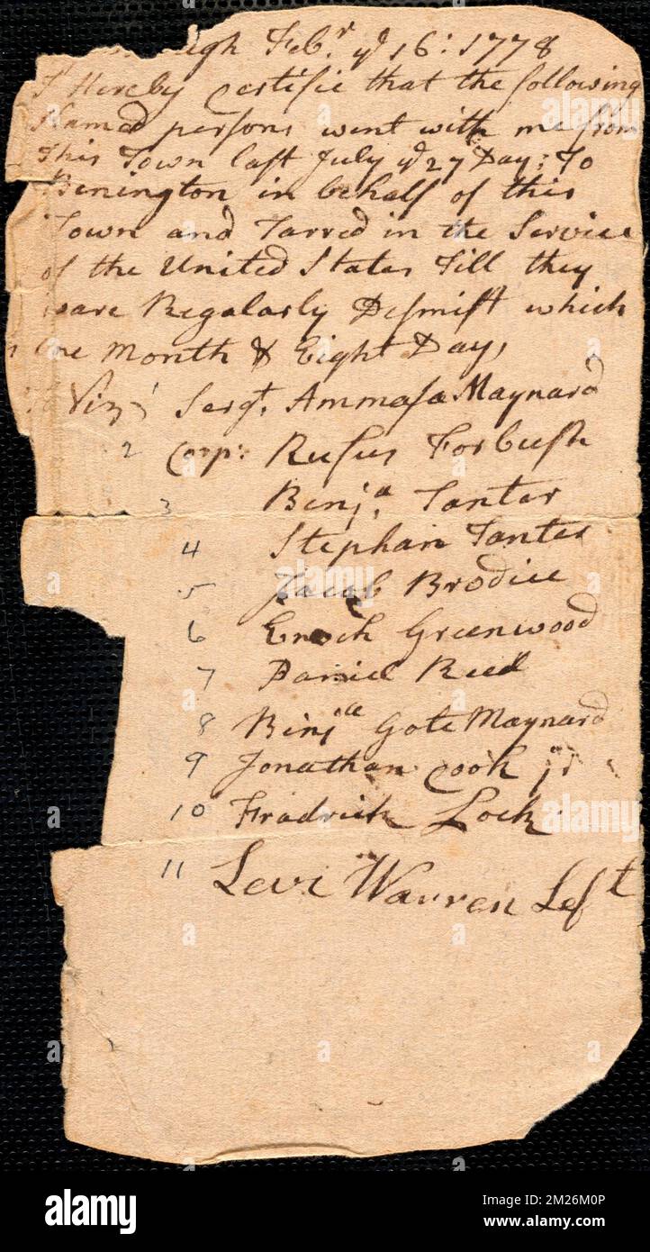 Certificazione dei soldati che hanno combattuto a Bennington e scaricato, 1778 , scarichi militari, Stati Uniti, Storia, Rivoluzione, 1775-1783 Foto Stock