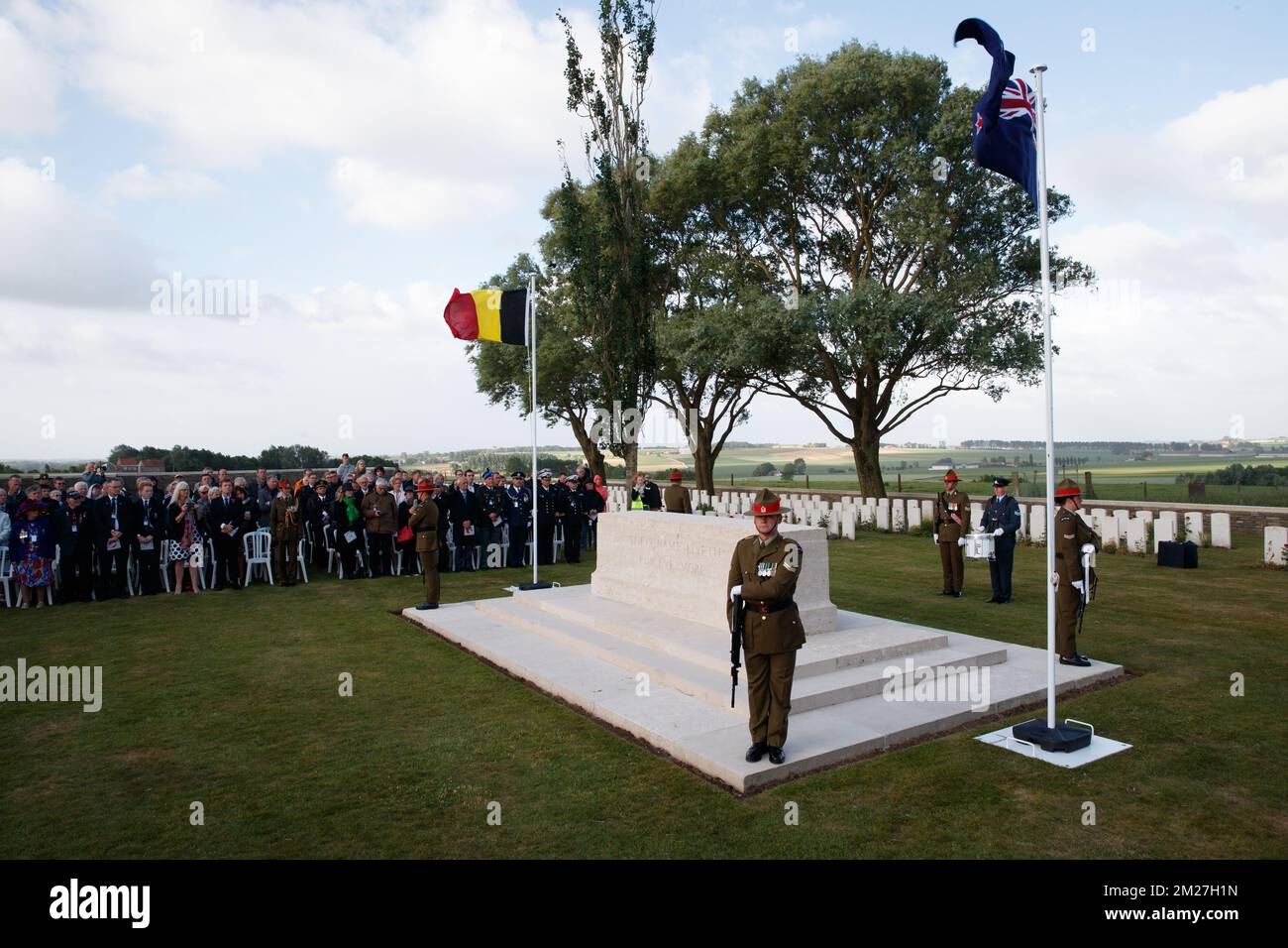 L'immagine mostra la commemorazione nazionale neozelandese del centenario della battaglia di Messines Ridge, a Mesen (Messines), mercoledì 07 giugno 2017. Oggi (07/06/2017) ricorre il 100th° anniversario dell'inizio del 'Mijnenslag' (Battaglia delle miniere) a Mesen, durante la prima guerra mondiale. BELGA FOTO KURT DESPLENTER Foto Stock