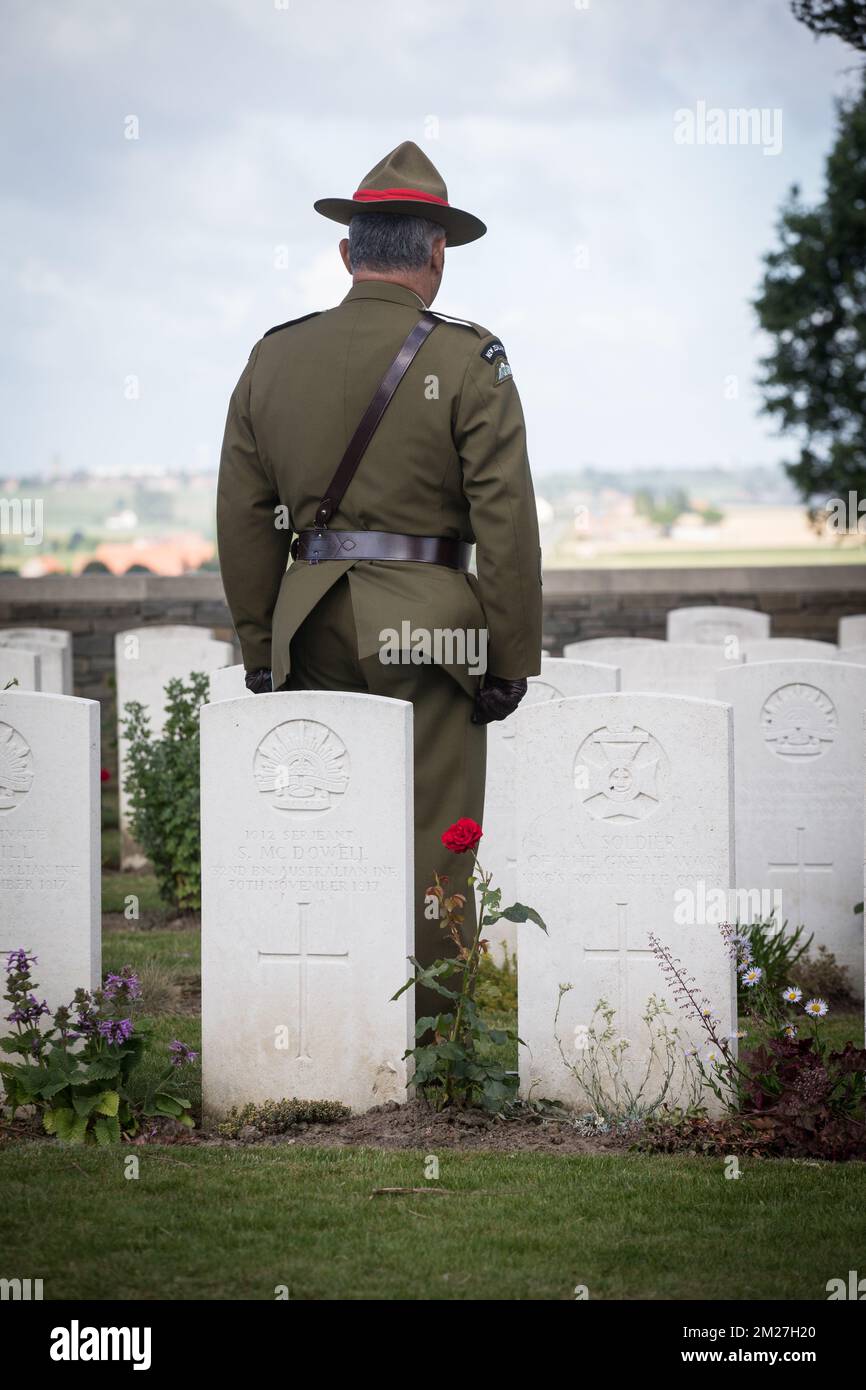 L'immagine mostra la commemorazione nazionale neozelandese del centenario della battaglia di Messines Ridge, a Mesen (Messines), mercoledì 07 giugno 2017. Oggi (07/06/2017) ricorre il 100th° anniversario dell'inizio del 'Mijnenslag' (Battaglia delle miniere) a Mesen, durante la prima guerra mondiale. BELGA FOTO KURT DESPLENTER Foto Stock