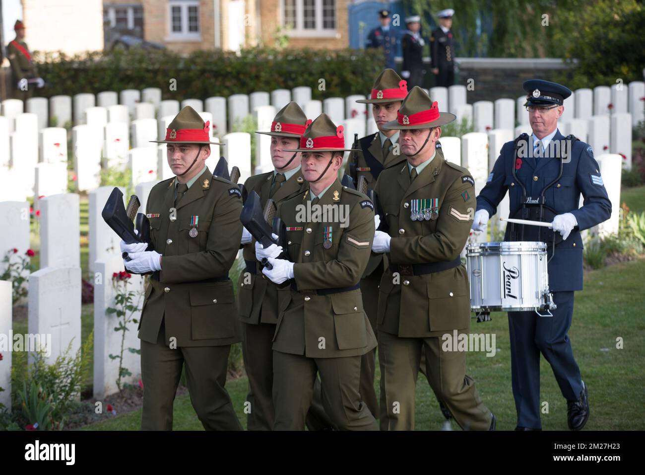 L'immagine mostra la commemorazione nazionale neozelandese del centenario della battaglia di Messines Ridge, a Mesen (Messines), mercoledì 07 giugno 2017. Oggi (07/06/2017) ricorre il 100th° anniversario dell'inizio del 'Mijnenslag' (Battaglia delle miniere) a Mesen, durante la prima guerra mondiale. BELGA FOTO KURT DESPLENTER Foto Stock